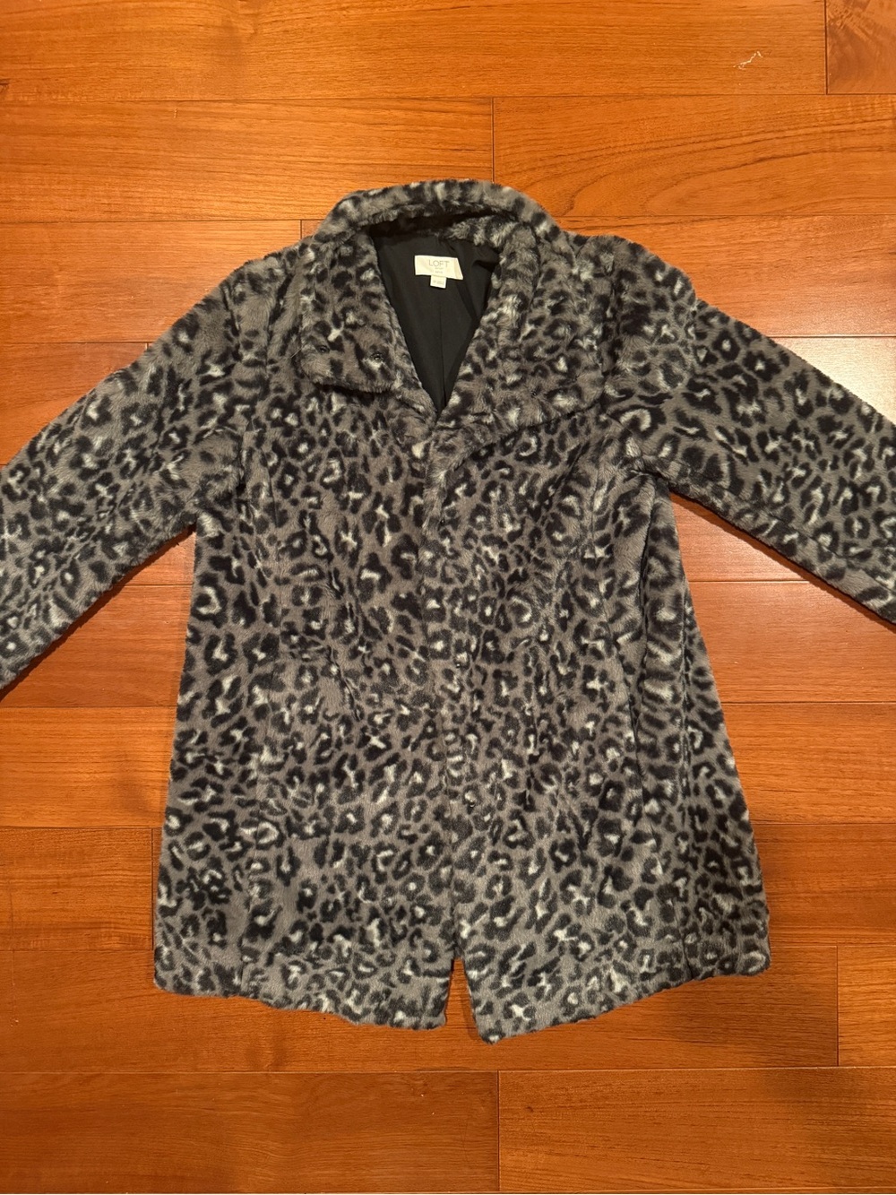 LOFT Gray Faux Fur Leopard Teddy Jacket